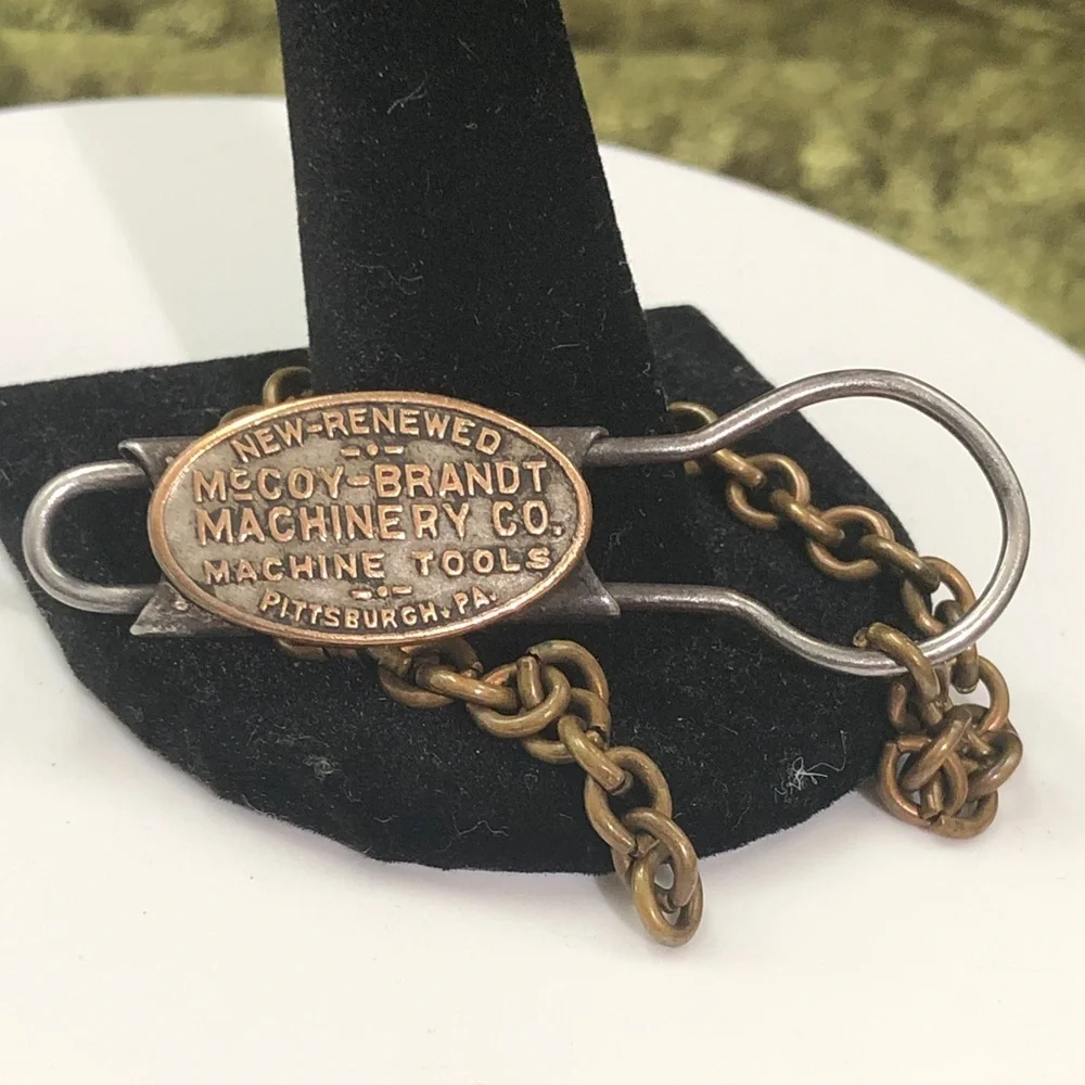Antique McCoy -Brandt Vintage Machinery Tag Keychain in Brass and Silver Tones